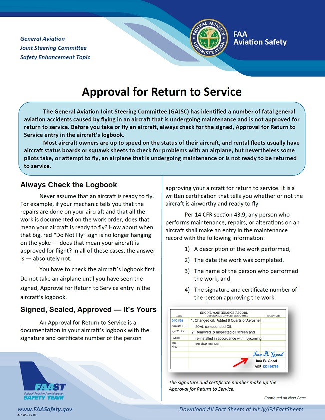 2019 06 01 faa approval for return to service